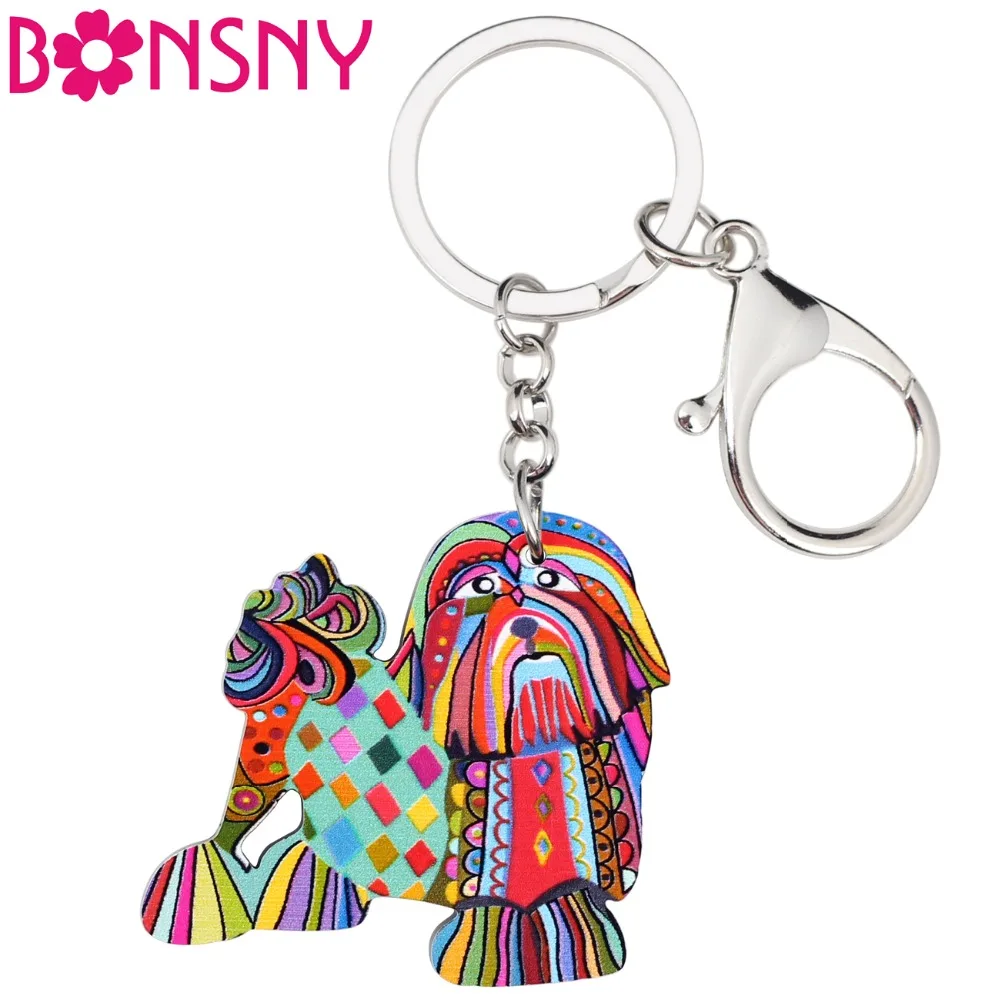 Бонсни Акриловый брелок для ключей с собакой Ши-тцу и Пекинесом, украшение для женщин и девочек, брелоки для ключей, кольца, новинка, животные, ювелирные изделия, подарки для автомобиля и сумок.