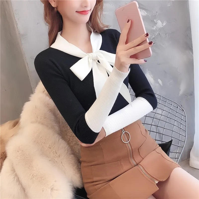 Women Long Sleeve Bow Sweater Fashion 2019 Korean Ruffled Collar Pullover Female Slim Knitted | Женская одежда