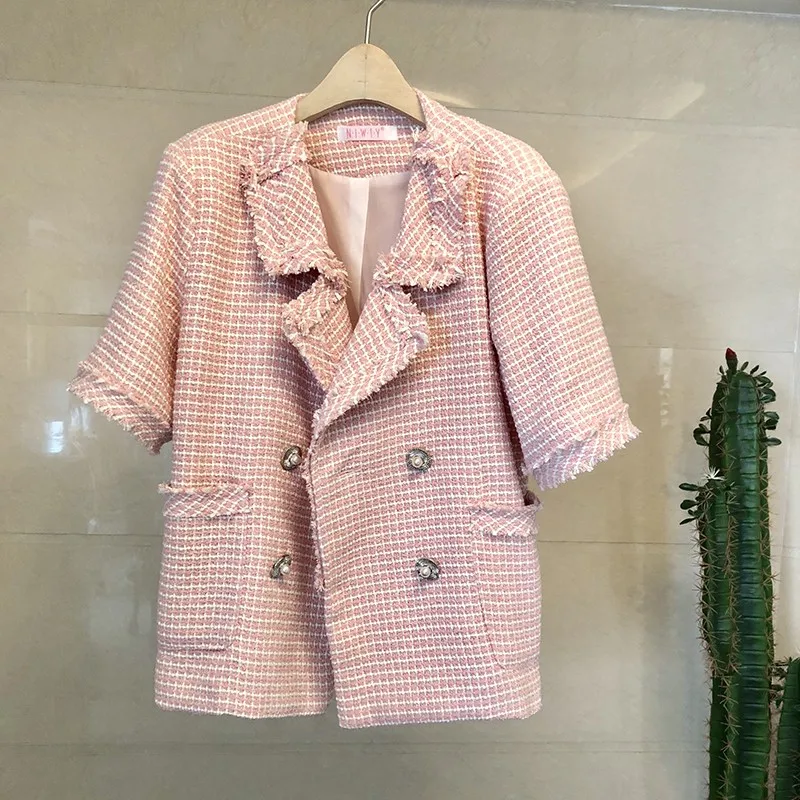 Женская твидовая куртка с коротким рукавом двубортная шерстяная зубчатым