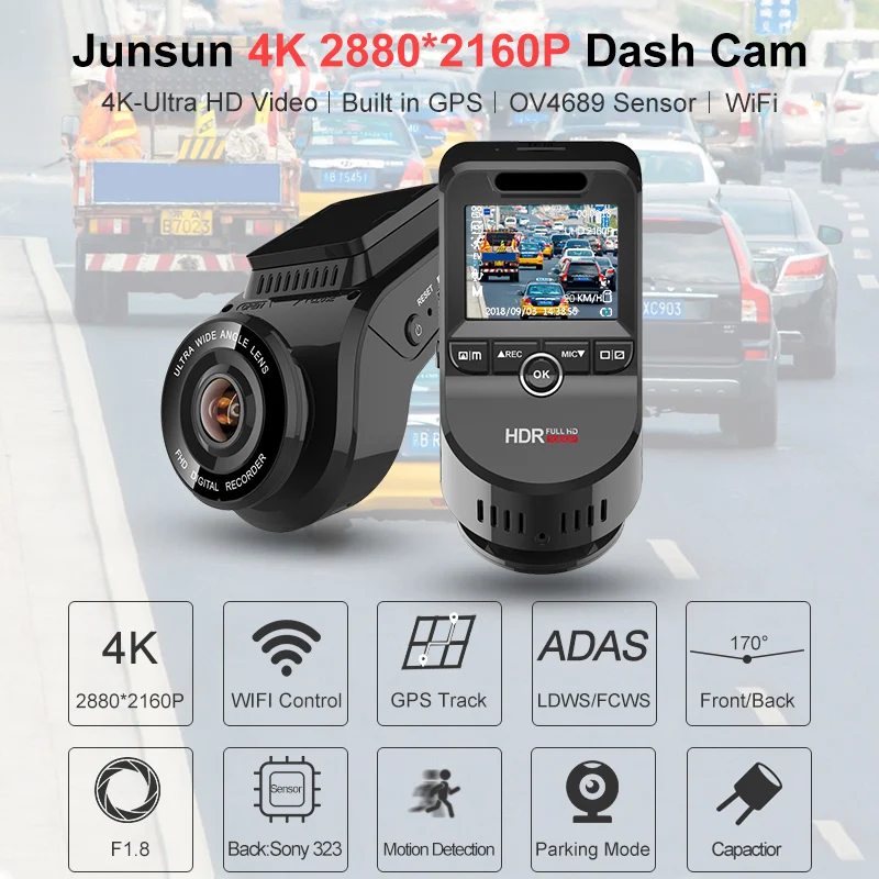Junsun 4 K 2160 P HD WiFi Автомобильный видеорегистратор с двойным объективом Dashcam