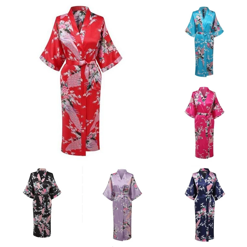 A1685 новый длинный халат атласный искусственный ночная рубашка для женщин кимоно