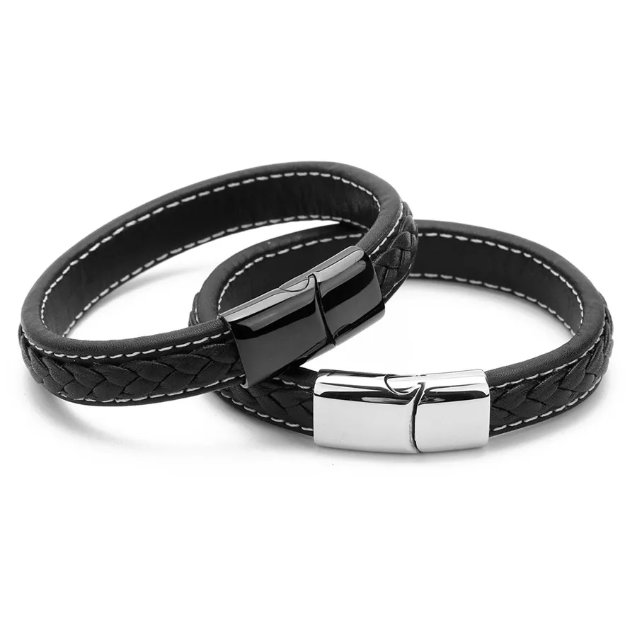 Ckysee Vintage Leather Braided Wristband Bracelet For Men Punk Black Silver Color Stainless Steel Magnetic Clasps Gifts | Украшения и