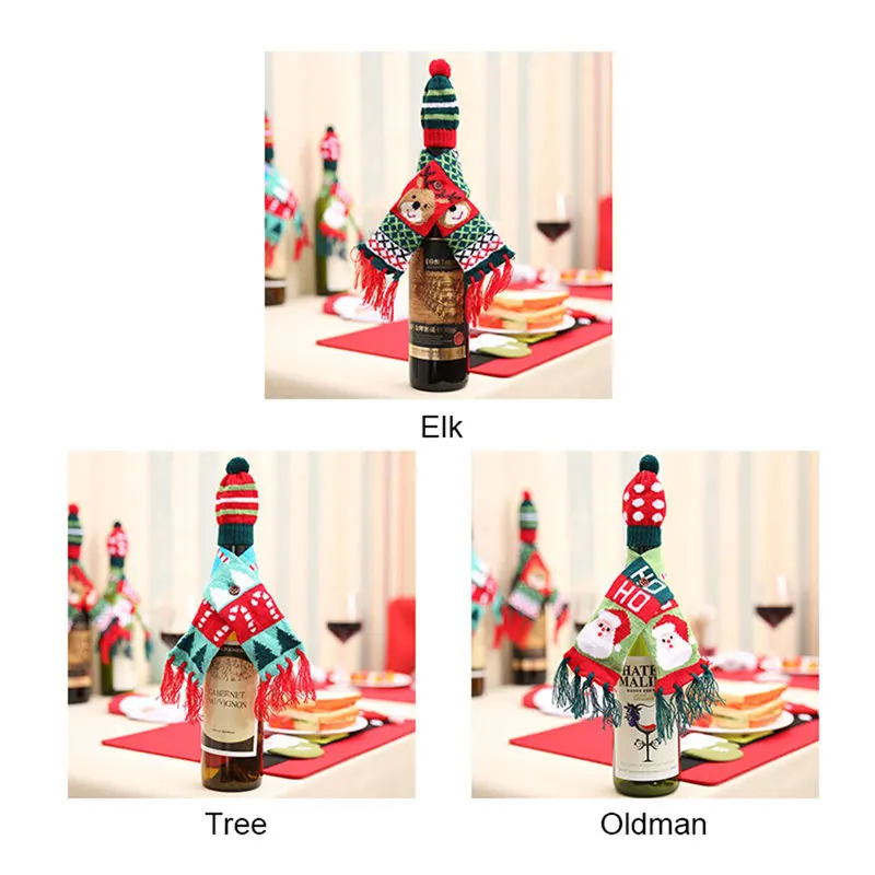 

1 PC Christmas Decorations Festival Bottle Novelty Scarf Bear Tassel Santa Claus Hat Christmas decorate Red Wine