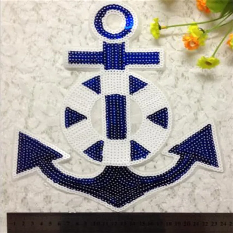 Модная одежда с блестками темно-синие нашивки 25 см якорь железо заплатки для