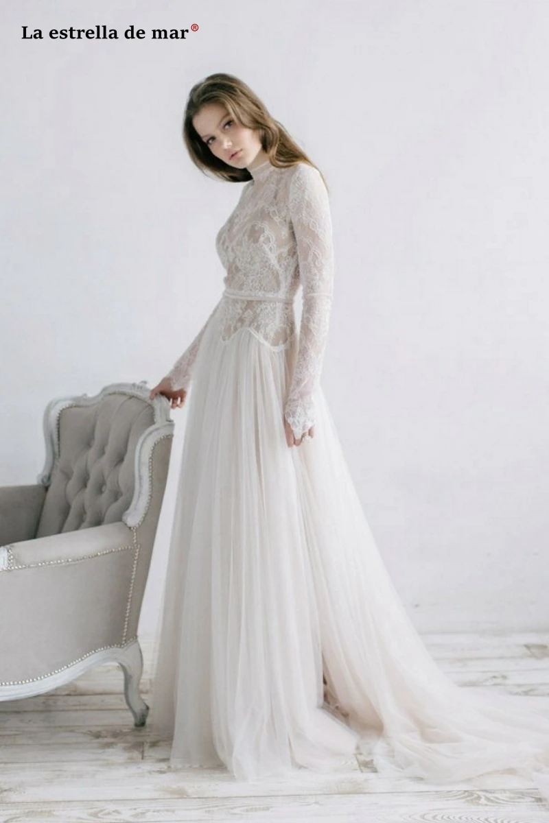 Vestidos de novia, новинка, кружевное ТРАПЕЦИЕВИДНОЕ пляжное богемное свадебное платье с высоким воротом и длинным рукавом цвета шампанского, длинное платье de mariee abito da sposa