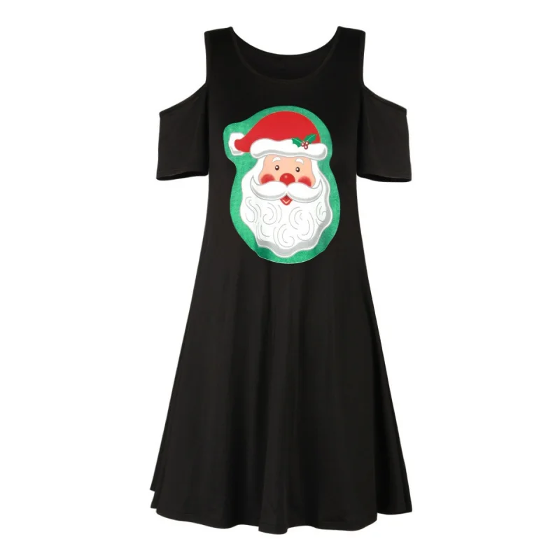 ChristmasFashion 3D Printe Christmas Dresses Women's Clothing New Year Loose Short Sleeve Black Off Shoulder Sexy Mini Dress | Женская