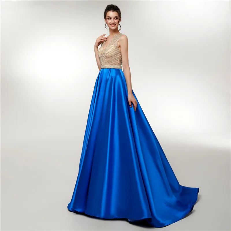 Satin Prom Dresses Long 2020 V Neck Beaded Top Sleeveless Royal Blue Formal Evening gown Party Gown Robe De Soiree