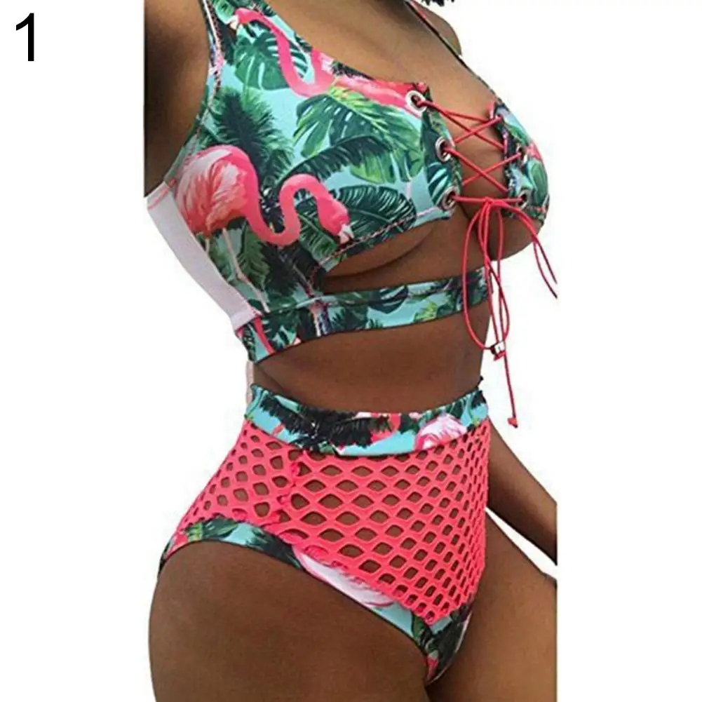 

Hot 2Pcs/Set Women Lace Up Bikini Set Padded Bra Mesh Swimsuit Bathing Suit Swimwear