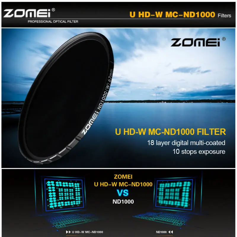 Тонкий HD ND фильтр ZOMEI 82 мм ND1000 18 слоев с многослойным покрытием 10 стоп/3 0 серый