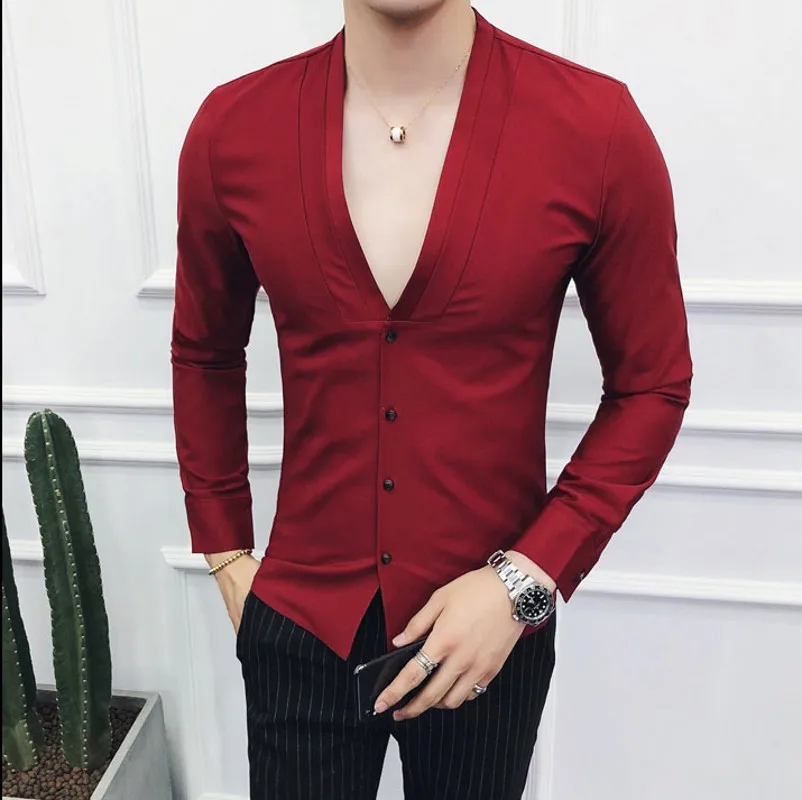 рубашка мужская осень новый платье V образный вырез Slim Fit с длинным