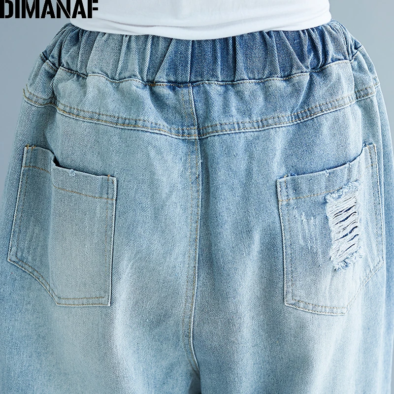 

DIMANAF Women Jeans Pants Loose Oversize XL Summer 2018 Female Casual Vintage Hole Elastic Mid Waist Denim Blue Long Trousers
