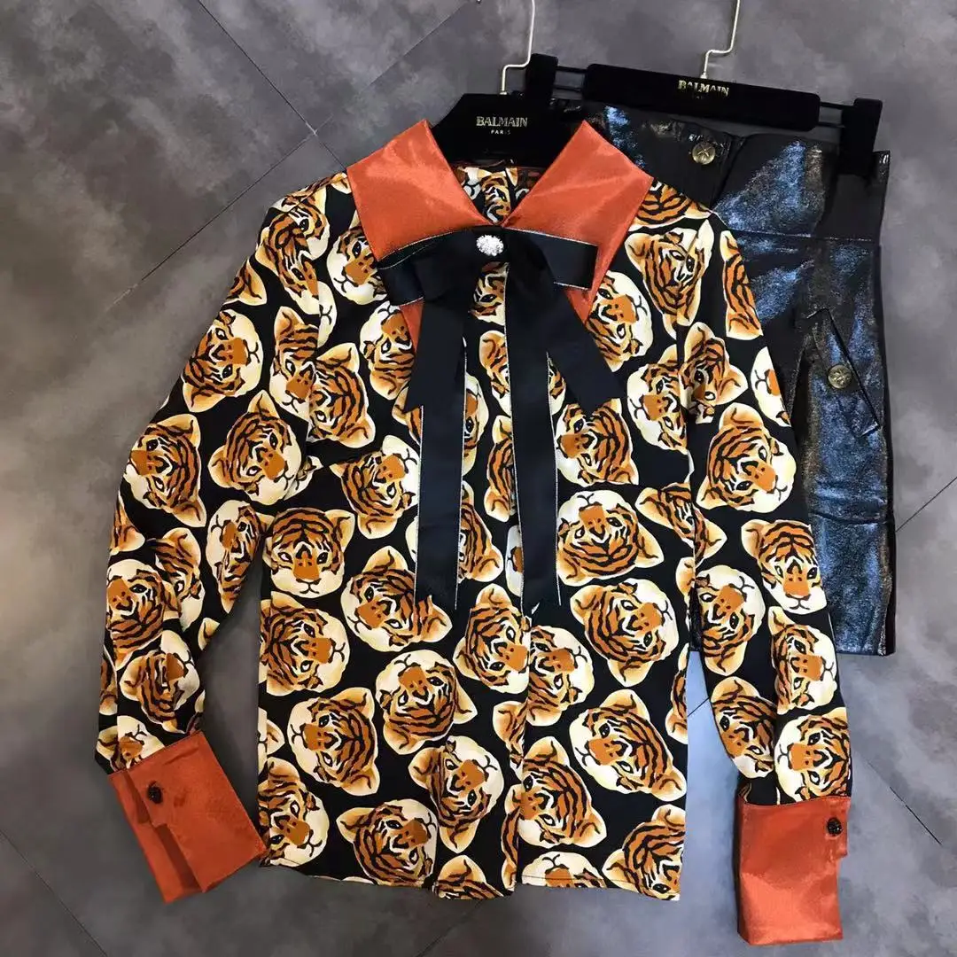 2018 Зимняя Блузка Новый нагрудные с длинными рукавами алмаз лук тигр животных