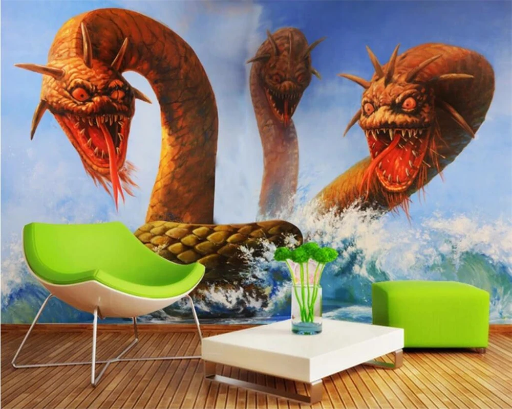 beibehang Custom photo wallpaper 3D stereo horror dragon 3 head sea snake TV background wall decoration silk mural | Обустройство