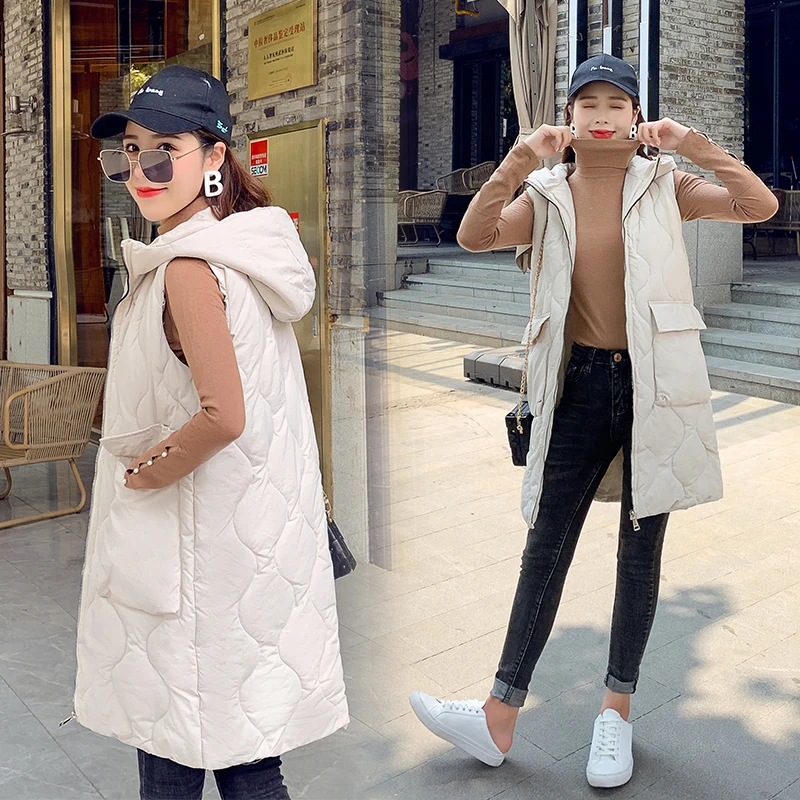 Women Hooded Long Vest Jacket Gilet Sleeveless Waistcoat Women's Outerwear with Hood