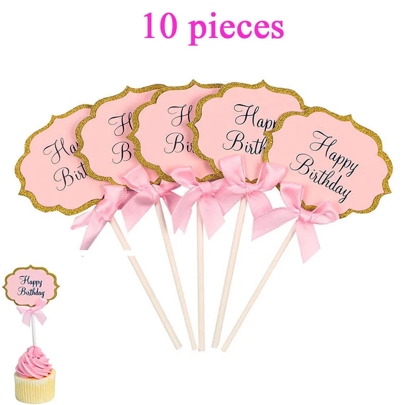10pcs pink birthday 14 шт., топпер для кексов, детский день рождения, для вечеринки в стиле сафари, украшения, Детские вечерние принадлежности для мальчиков и девочек - Цвет: 10pcs pink birthday