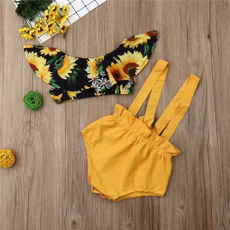 

Infant Baby Girls Princess Clothes Summer Newborn Baby Girl Sunflower T-shirt Tops+Suspenders Shorts 2Pcs Outfits Clothes 3-18M