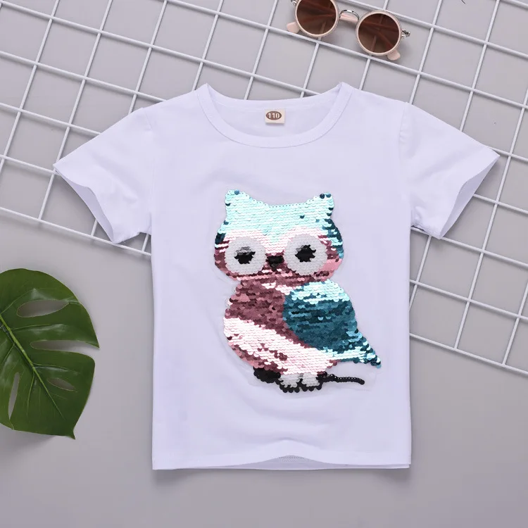 Owl (White) Футболка с блестками для маленьких девочек г. Летние топы, Детская футболка для девочек, одежда Топ для девочек-подростков, детские футболки разных цветов - Цвет: Owl (White)