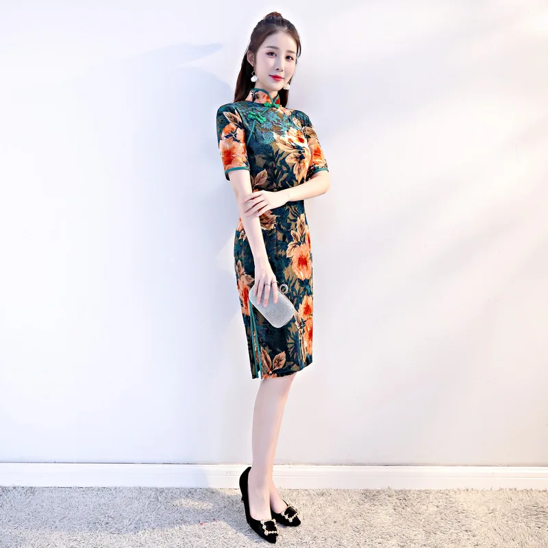 Новинка бархат цветок Cheongsam сексуальный Qipao новинка тонкий цветочный принт