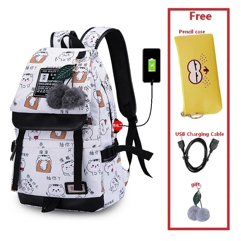 Set 2 Женский модный рюкзак с принтом, usb сумка для ноутбука, женские дорожные сумки, белый холщовый школьный рюкзак для девочек, безопасный рюкзак - Цвет: Set 2