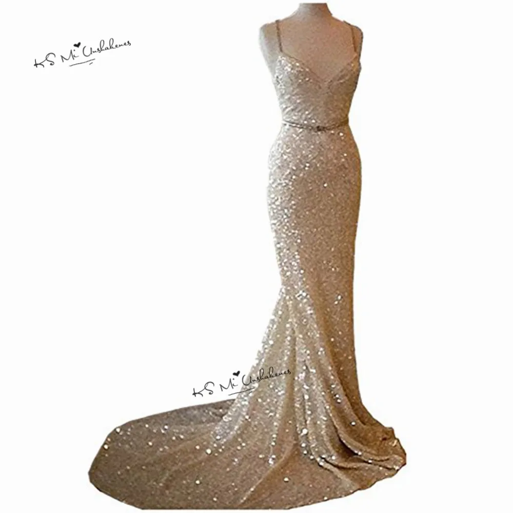 

Champagne Gold Sequined Mermaid Evening Dresses Long 2018 Sparky Sweep Train Sexy Prom Party Dress Gowns Robe de Soiree Courte