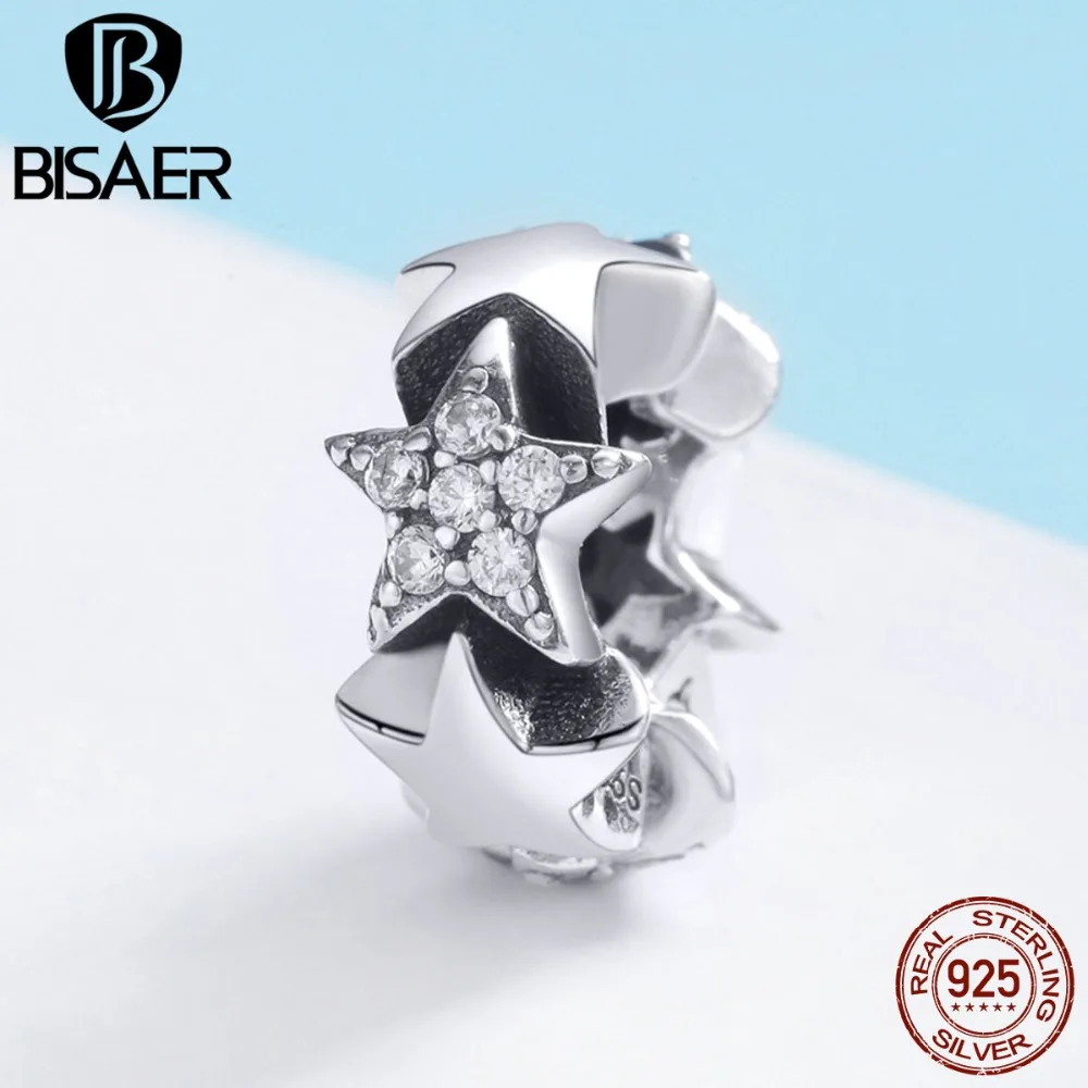 

BISAER 100% 925 Sterling Silver Stackable Star Charm Star Spacer Clear CZ Beads Fit Bracelets Silver 925 Jewelry Making ECC929