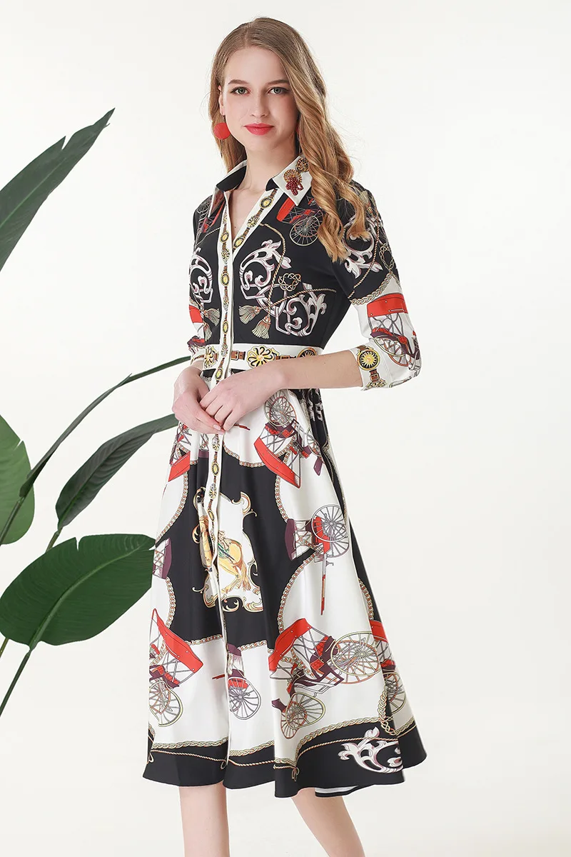 summer dress three quarter sleeves 2019 women diamonds beading office lady cotton print V-neck fashion elegant clothing | Женская одежда