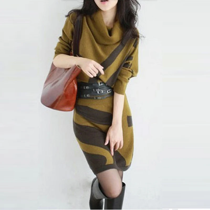 Женское трикотажное платье с высоким воротником длинное платье-свитер в полоску