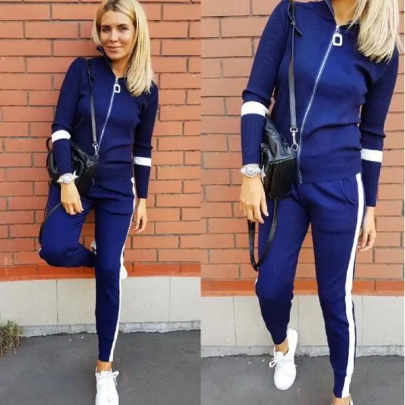 

2019 New Spring Autumn Casual Two Piece Sets Women Long Sleeve Zipper Sweaters Top+pants 2Pcs Set Sportwear Knit Suit Tracksuits