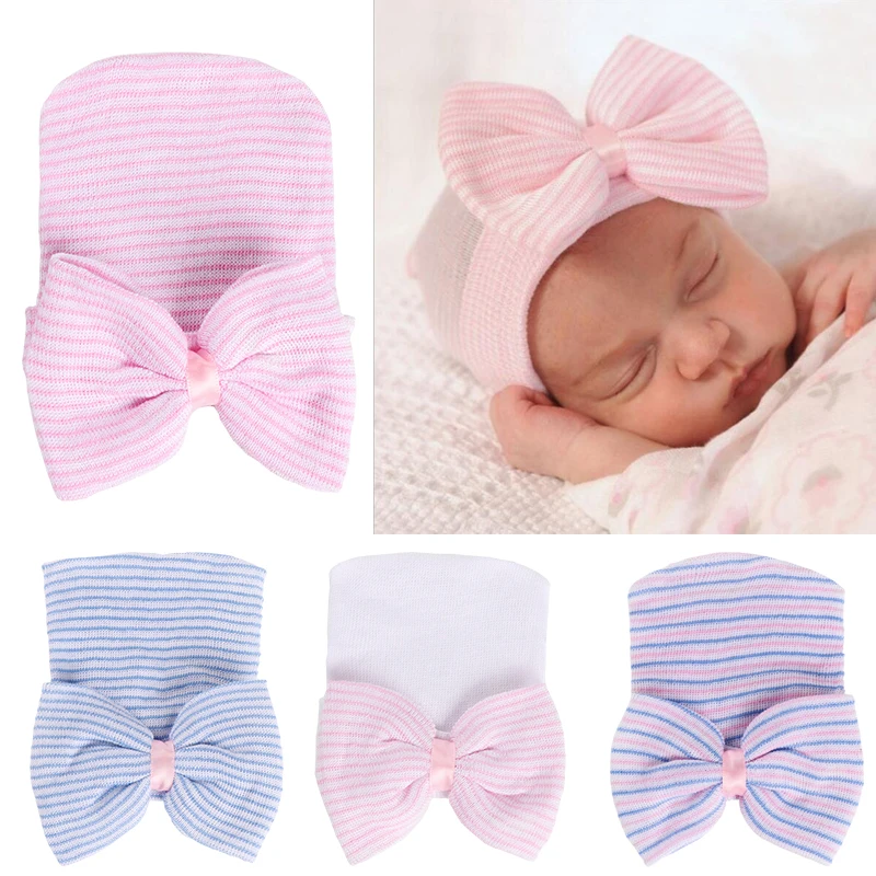 

baby hat Newborn 0-3M Toddler Baby Warm Hat Striped Caps Soft Hospital Girls Hats Bow Beanies for Newborn Send Earring as gift