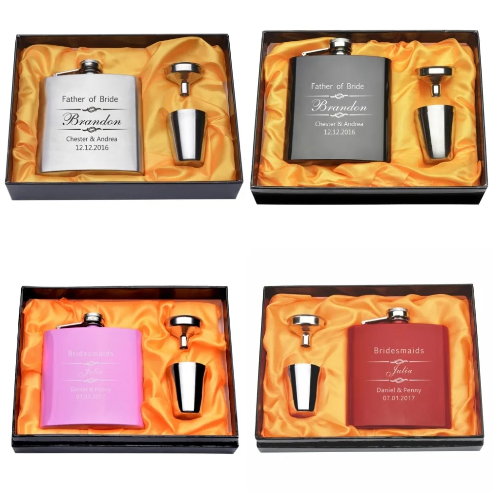 

1 Set Of Engraved Stainless steel 6oz Hip Flask Set Wedding Bride Name & Groom Name Best Man Party Gifts Decors Usher Decors