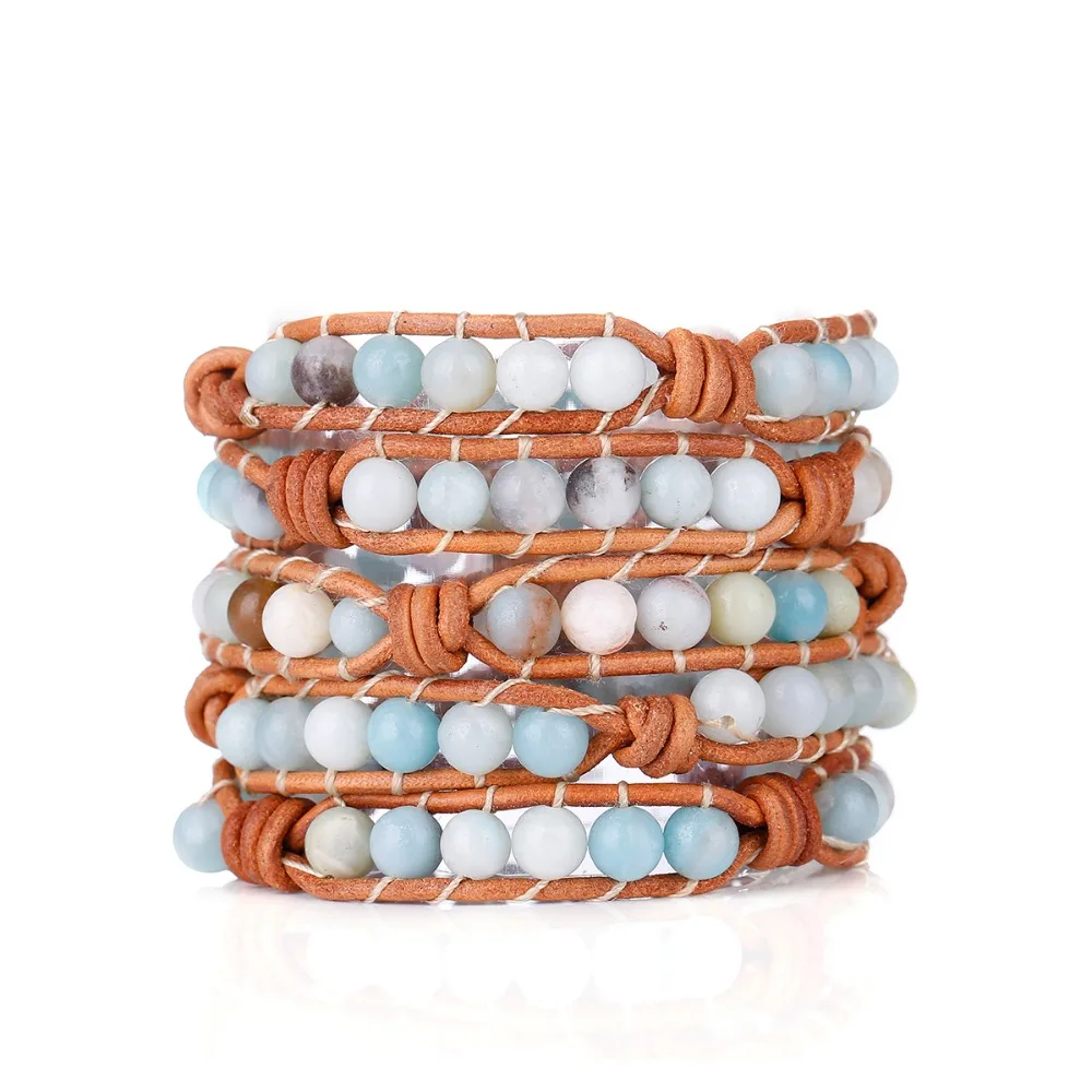 Fyla Mode Classic Bracelet Amazonite Bead Leather Knotted Bracelets Handmade Bohemia Birthday Gift Jewelry | Украшения и