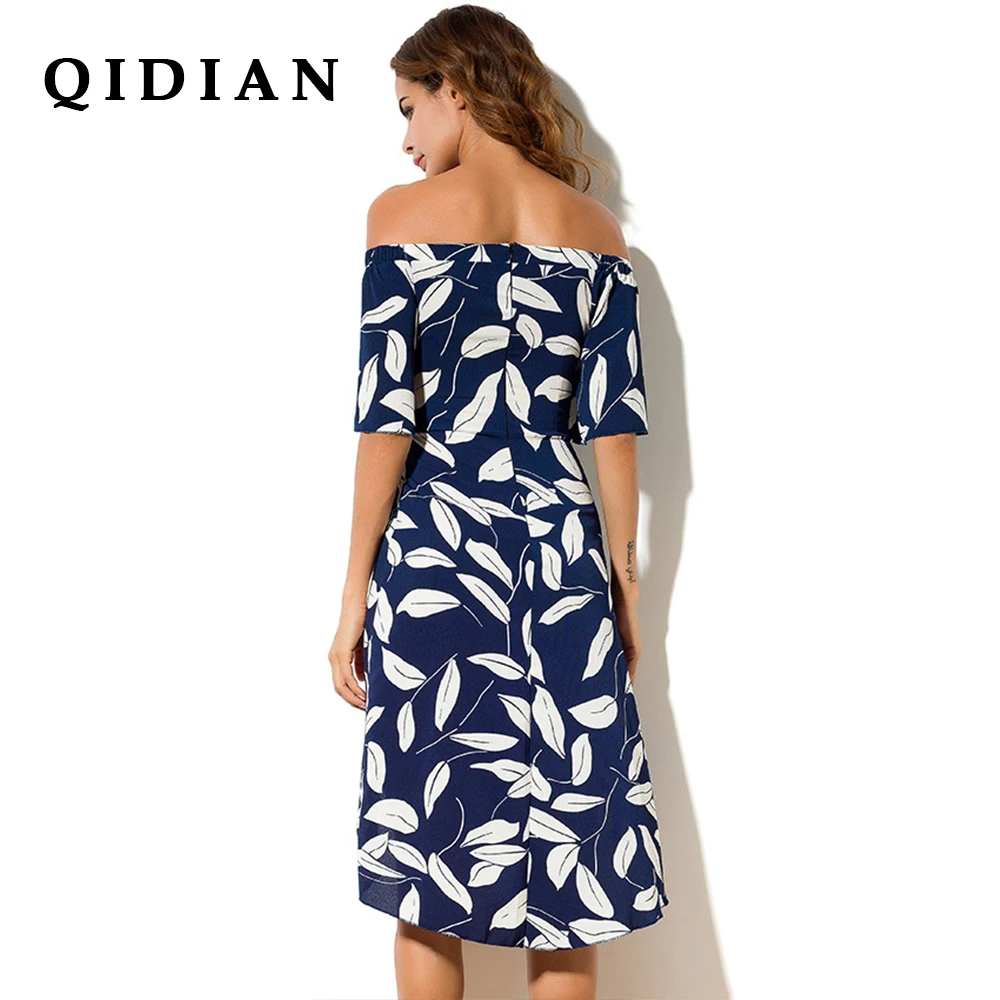 QI DIAN Fashion Floral Print Sexy Party Evening One Word Collar Dress Women Slim Summer Sundress Beach Dresses Y-08 | Женская одежда