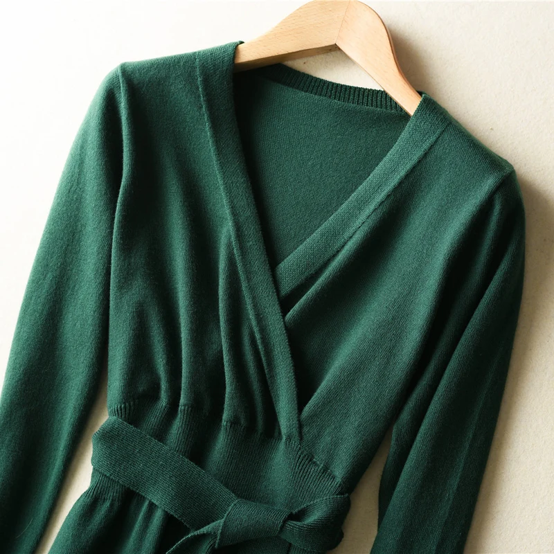Autumn Winter New Arrival 2019 Women Cashmere Sweater Dress V-Neck Slim Long Sweaters Solid High quality Soft Wool Dresses | Женская