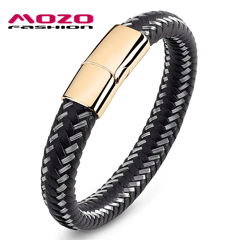 SJ008-H Mozo Fashion подвеска плетеный кожаный браслет мужские браслеты ручной работы Мода Нержавеющая сталь застежка мужской браслет на запястье - Окраска металла: SJ008-H