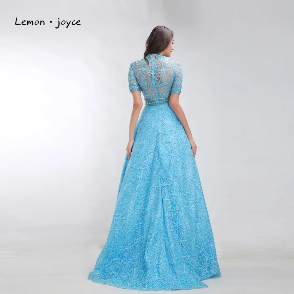 Синие Выпускные платья 2020 с коротким рукавом иллюзия трапециевидные вечерние