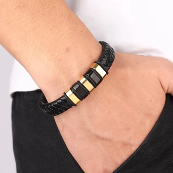 Stainless Steel Magnetic Button Design Genuine Leather Bracelet 3