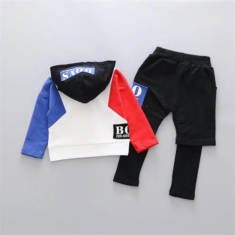 2018 New Boy Autumn Clothing 1-2-3-4 Years Old Baby Cotton Long-Sleeved Hooded Color Matching Coat Fake Two-Piece Sports Suits |