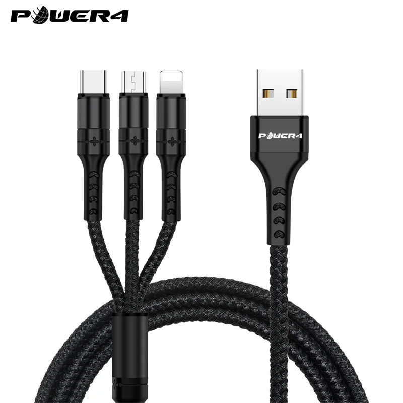 Black Power4 мобильные телефоны USB шнуры 3 в 1 для iPhone зарядный кабель usb type C для Lightning Micro USB Android кабели зарядки - Цвет: Black
