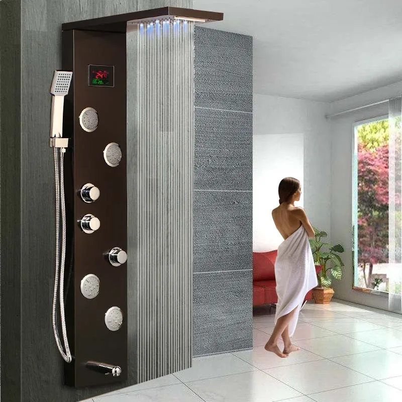 KEMAIDI LED Shower Panel Body Massage System Jets Black Shower Column Faucet Bath Shower Faucet Temperature Digital Display