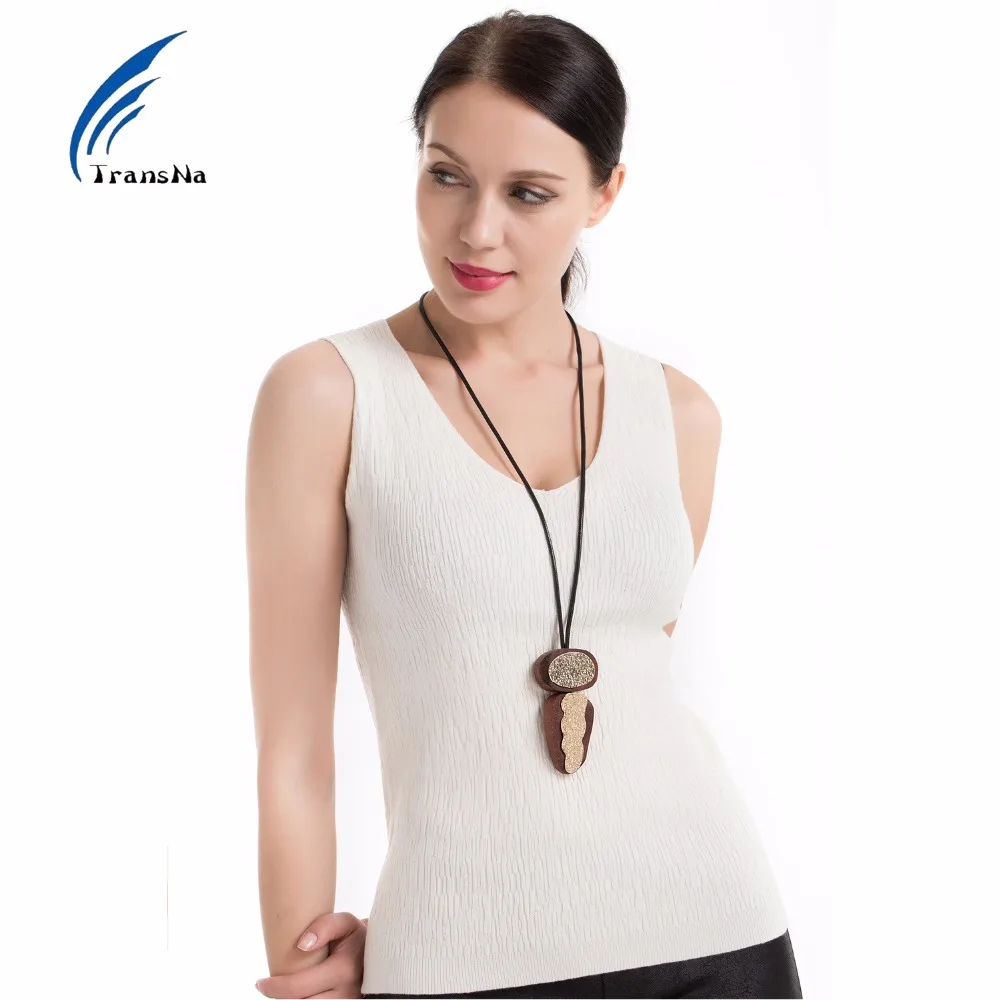 Wood With Copper Pendant Necklaces Fashion Torques Black Leather Rope Chain Choker Long Necklace Women Jewelry | Украшения и