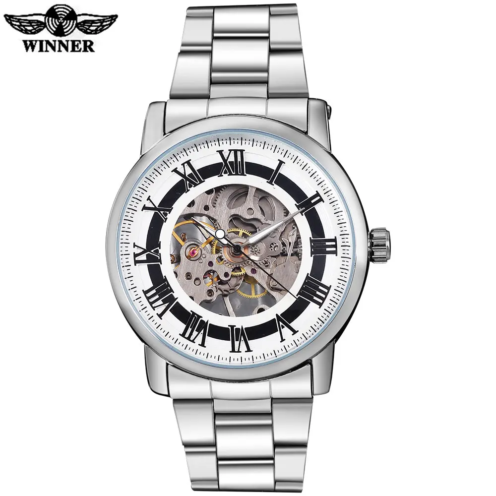 

2016 WINNER china brand men business mechanical hand wind watch skeleton dial silver case transparent glass stainless steel band