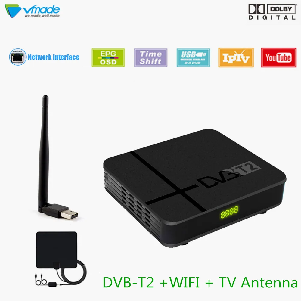 DVB-T2 ТВ приемник DVB-T H.265/HEVC встроенный RJ45 HD цифровой эфирный рецептор+ wifi с ТВ антенной поддержка AC3 Youtube