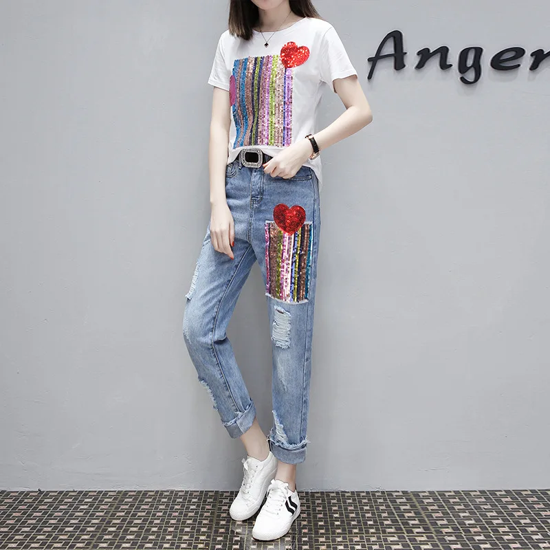 2019 summer fashion new sequin print short-sleeved T-shirt + hole jeans two-piece suit student leisure | Женская одежда