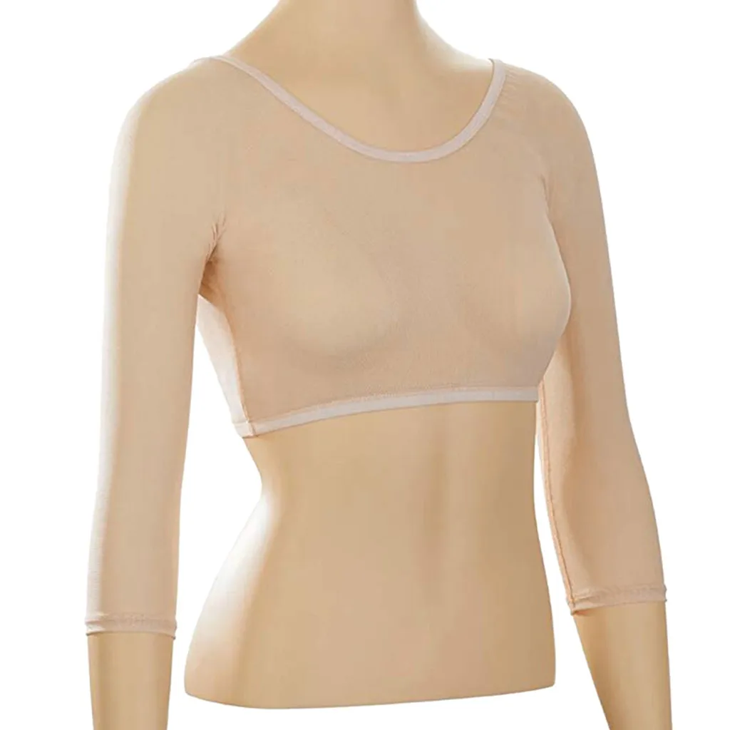 Women Both Side Wear Sheer Plus Size Three Quarter V-Neck Seamless Arm Shaper Crop Top Shirt Blouses#25