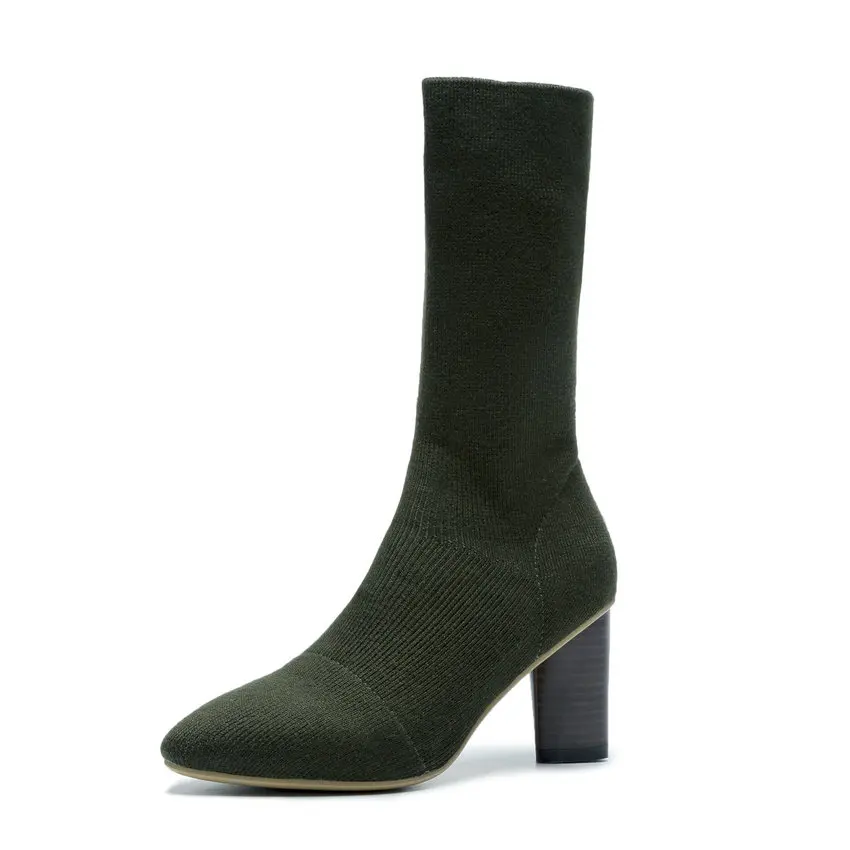 Green-7.5cm QUTAA/ сапоги-носки из эластичной ткани сапоги до середины икры осенне-зимние эластичные женские сапоги с острым носком на высоком квадратном каблуке размеры 34-39 - Цвет: Green-7.5cm