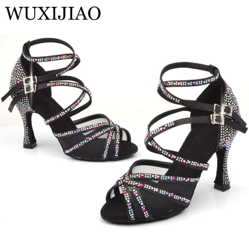 WUXIJIAO Ladies Latin dance shoes with black satin rhinestone style high heels salsa dancing heel 9cm | Спорт и развлечения