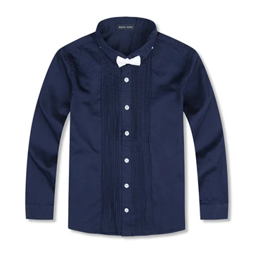 Dark blue Акция, Детские рубашки для мальчиков модные однотонные рубашки в английском стиле с галстуком, Коллекция года, Детские хлопковые рубашки для красивых мальчиков возрастом от 4 до 12 лет - Цвет: Dark blue