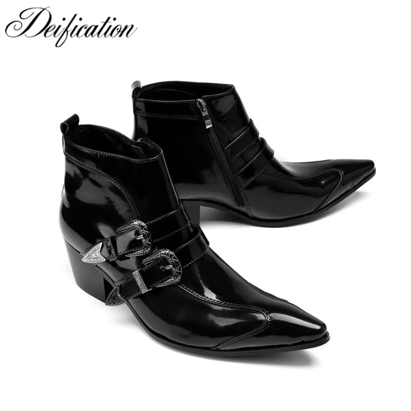 

Deification Handmade Pointed Toe High Heels Chelsea boots Military Belt Buckles Zipper Men Ankle Boots Cowboy Men's Dress Shoes
