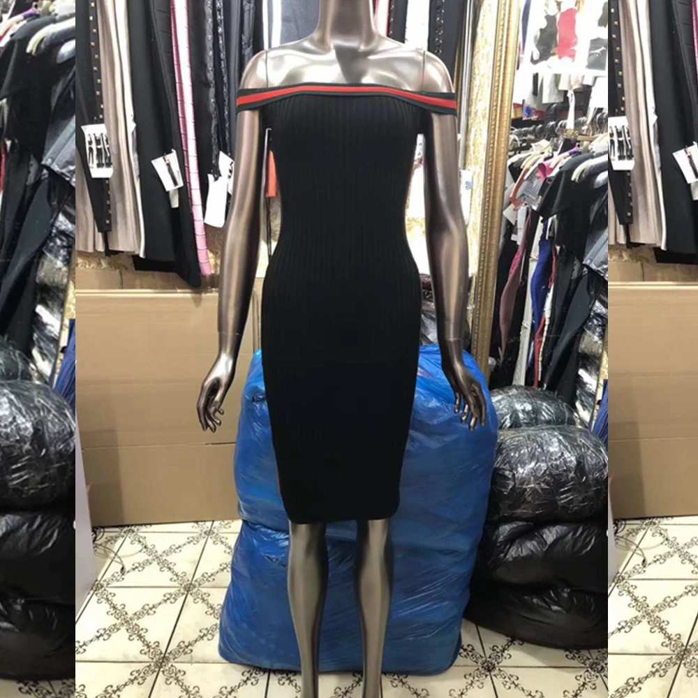 New Arrive Elegant Balck 2019 Short Sleeve Off Shoulder Bandage Dress Patchwork Sexy Bodycon Summer Slash Neck Vestidos Festa | Женская