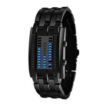 Men Women Future Technology Binary Black Stainless Steel Couple Watch Date Digital LED Bracelet Sport Watches 1